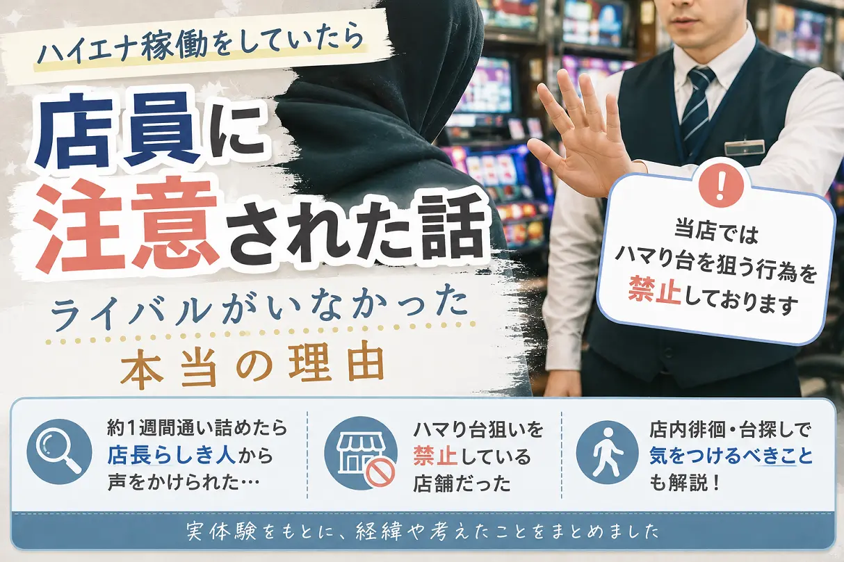ハイエナ稼働中に店員から注意を受けた実体験を表したアイキャッチ画像